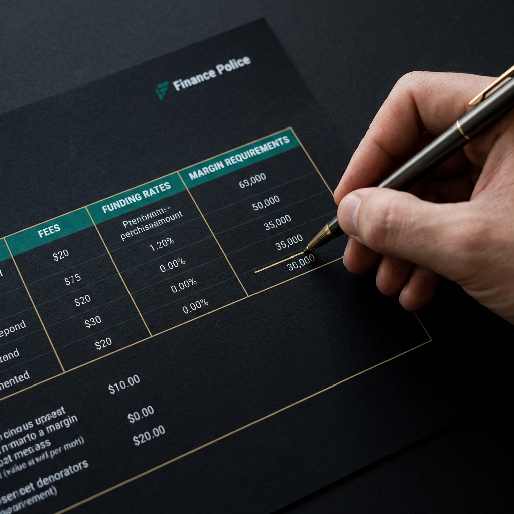 Close up of a printed fee table showing fees funding rates and margin requirements with a pen marking a conservative assumption representing crypto futures trading