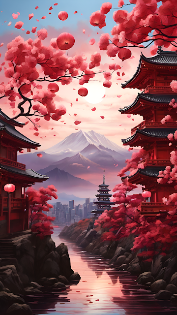 Japanese Pagoda Mount Fuji Cherry Blossom River - Free mobile Wallpaper