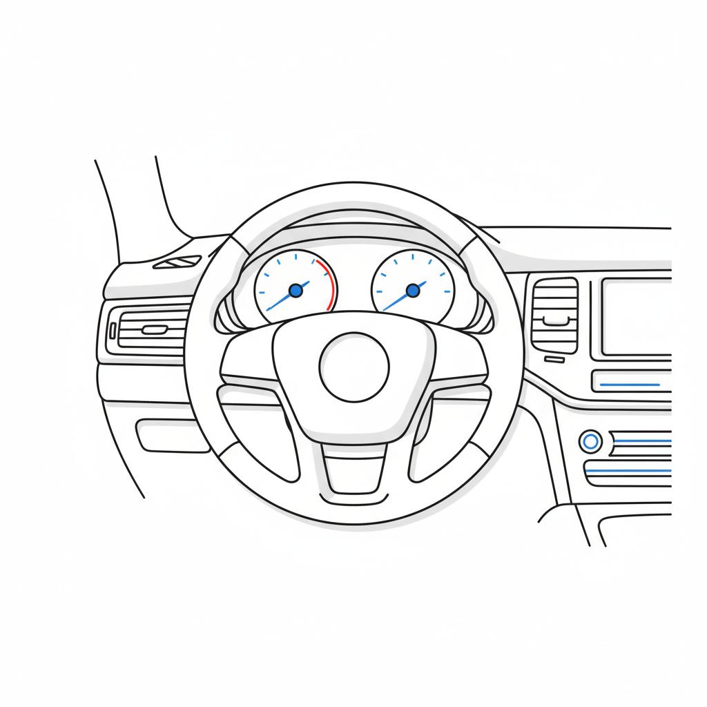 Minimalist 2D vector illustration of a generic SUV dashboard and steering wheel emphasizing sporty handling with blue accents on white background audi q7 for sale