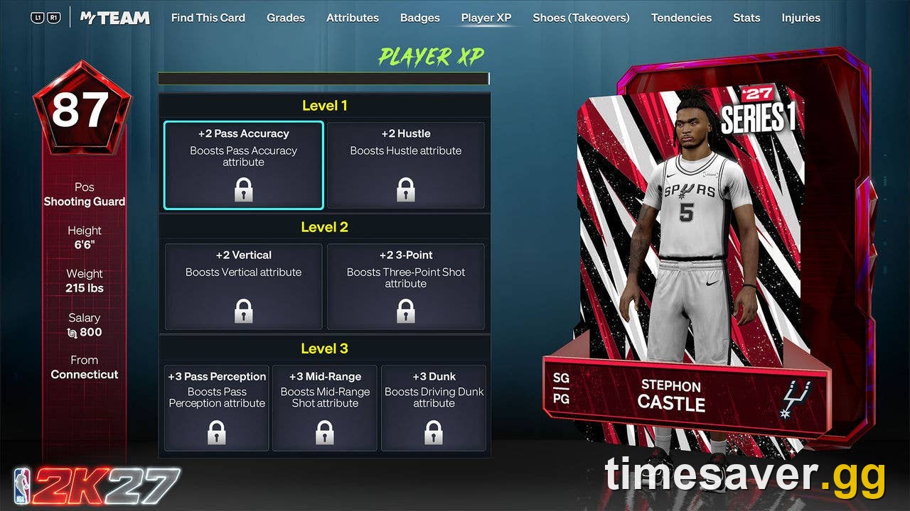 NBA 2K27 MyTEAM Player XP boost tree for a Stephon Castle card, showing locked Level 1 to 3 attribute boosts unlocked by leveling the card