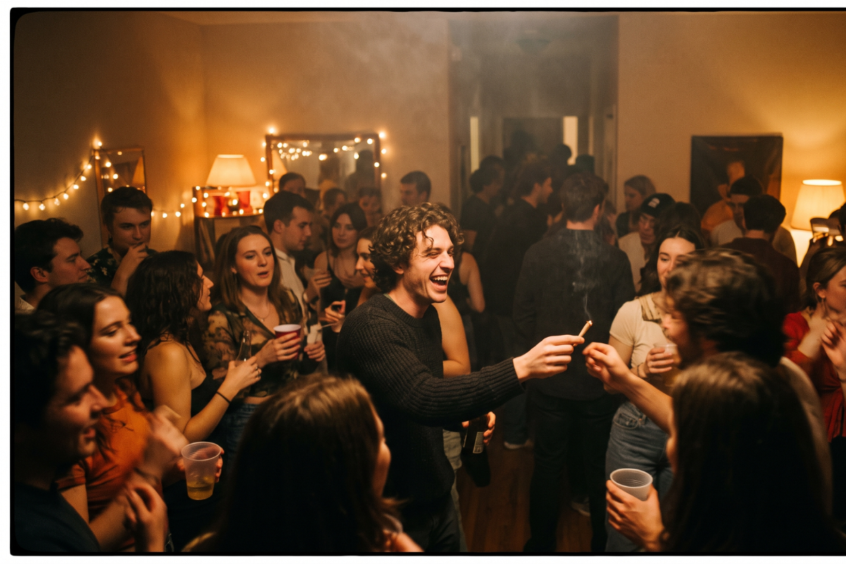 A crowded house party, people holding drinks, one passing a lit joint