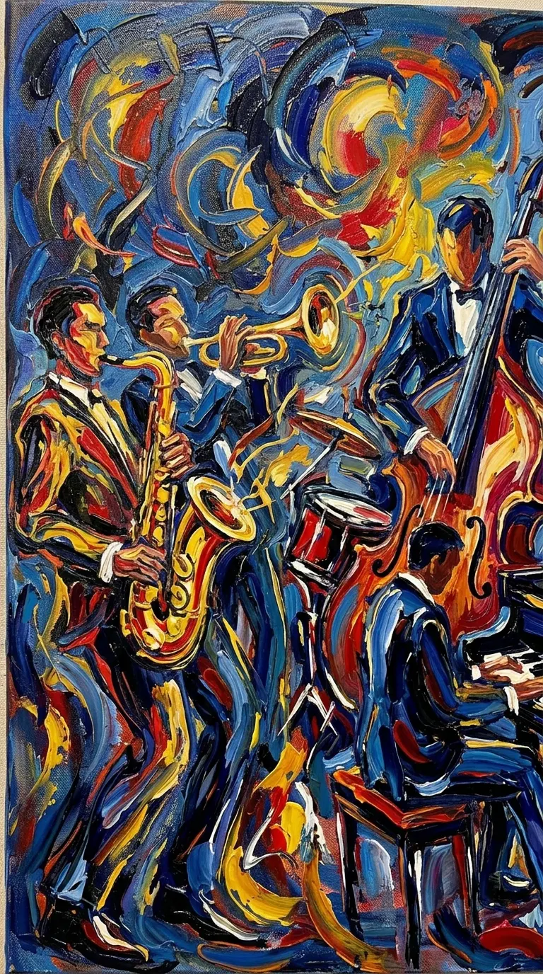 Dynamic Jazz Performance Abstract Painting with Impasto Texture - Free 4K mobile Wallpaper