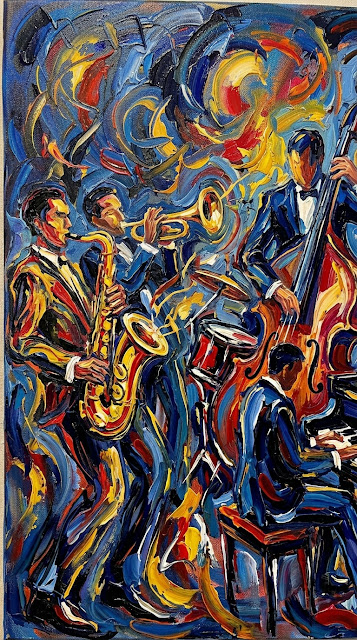 Dynamic Jazz Performance Abstract Painting with Impasto Texture - Free mobile Wallpaper