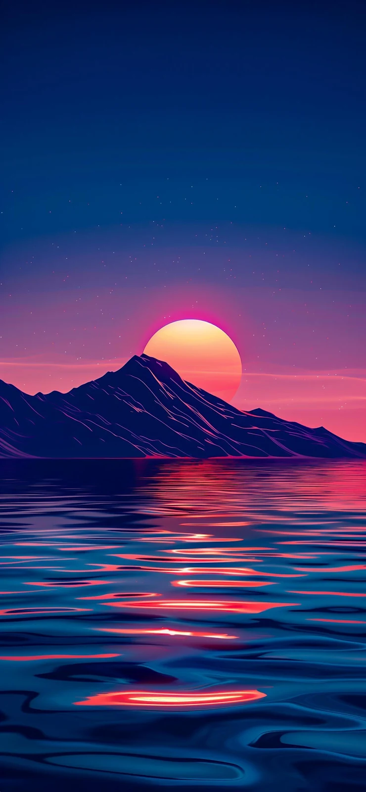 Purple Mountain Sunset Over Water - Digital Illustration Full HD iPhone Wallpaper (1284x2778)