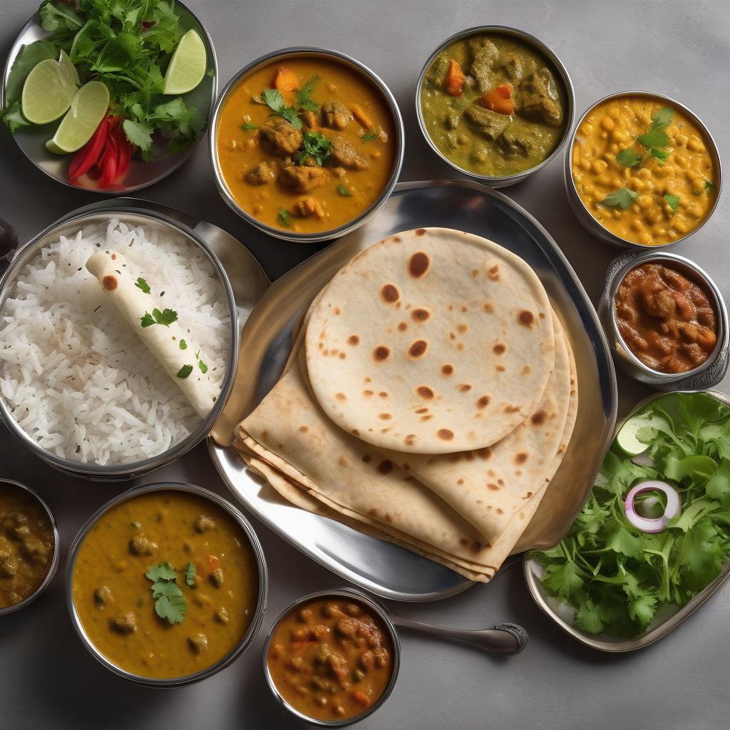 A vibrant, balanced Indian thali with dal, roti, vegetable curry, and salad