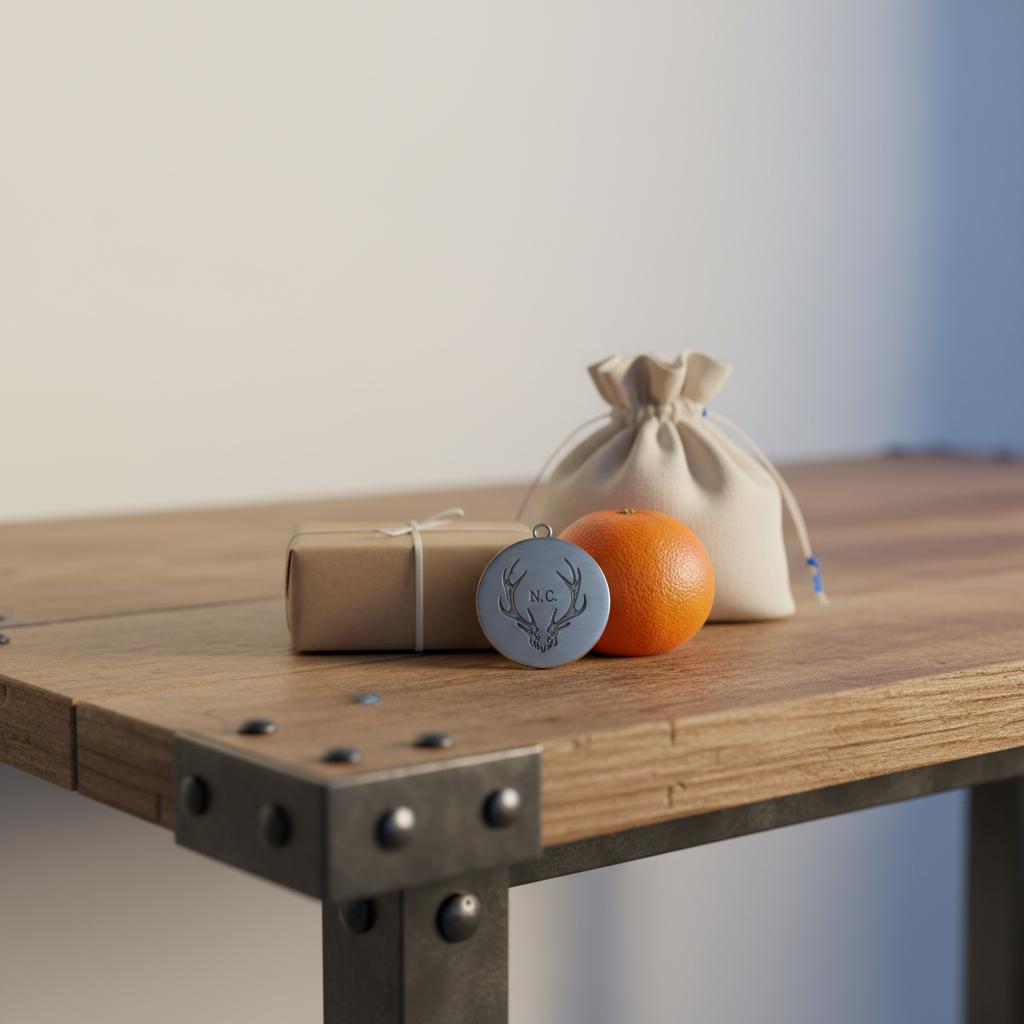 Nahaufnahme eines Esszimmertisches mit kleinen verpackten Nikolausgeschenken, Stoffsäckchen, Mandarine und graviertem Metallanhänger in warmer Holz- und Metallästhetik