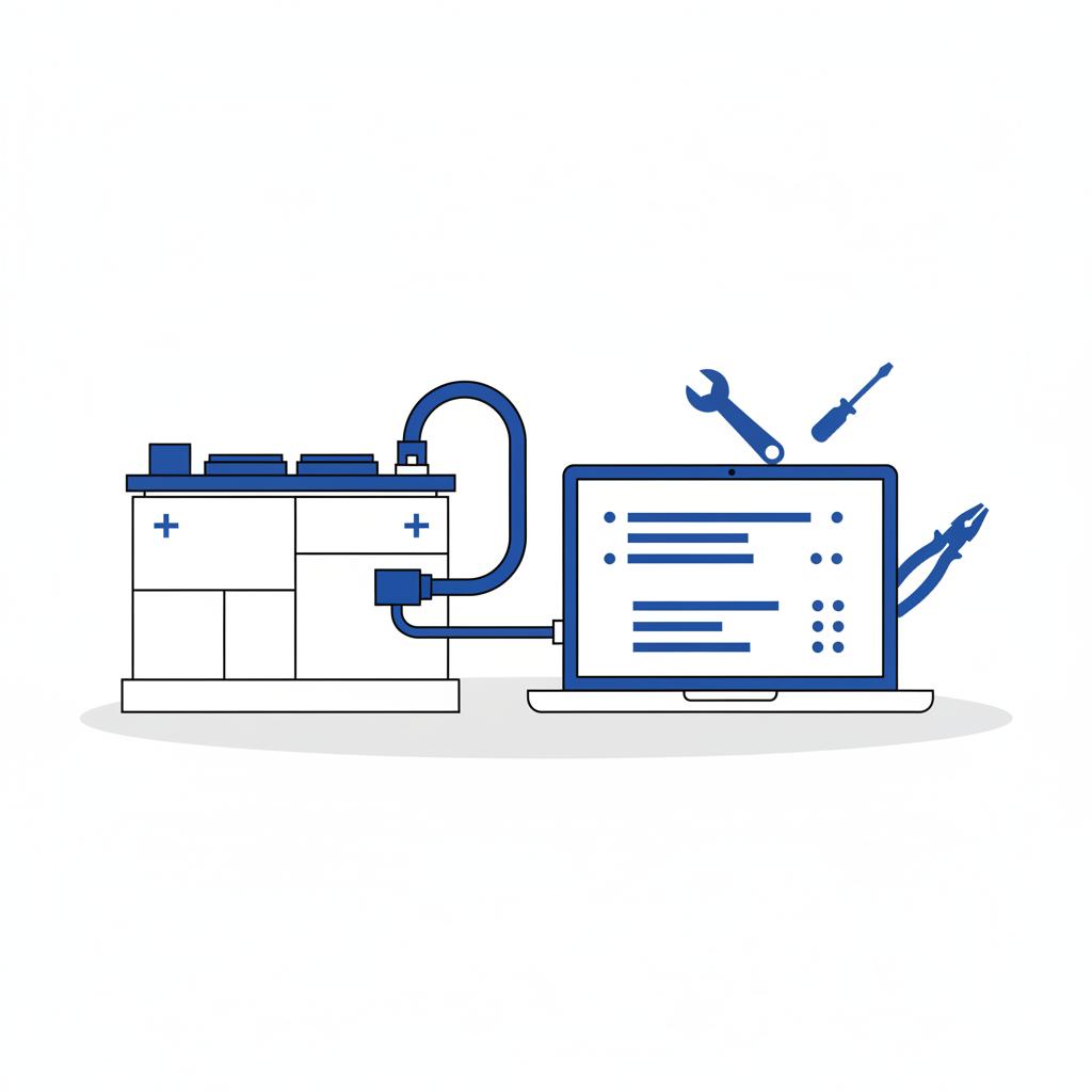 Minimal 2D vector of a hybrid battery and diagnostic laptop with abstract voltage bar graphs and blue accented cables representing common Toyota problems
