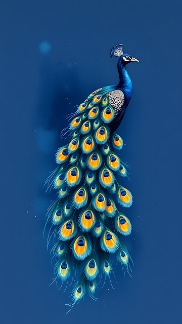 An illustrated peacock with detailed blue and gold plumage perched against a solid deep blue background.