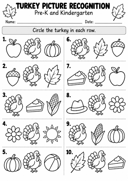 Turkey Picture Recognition Worksheet