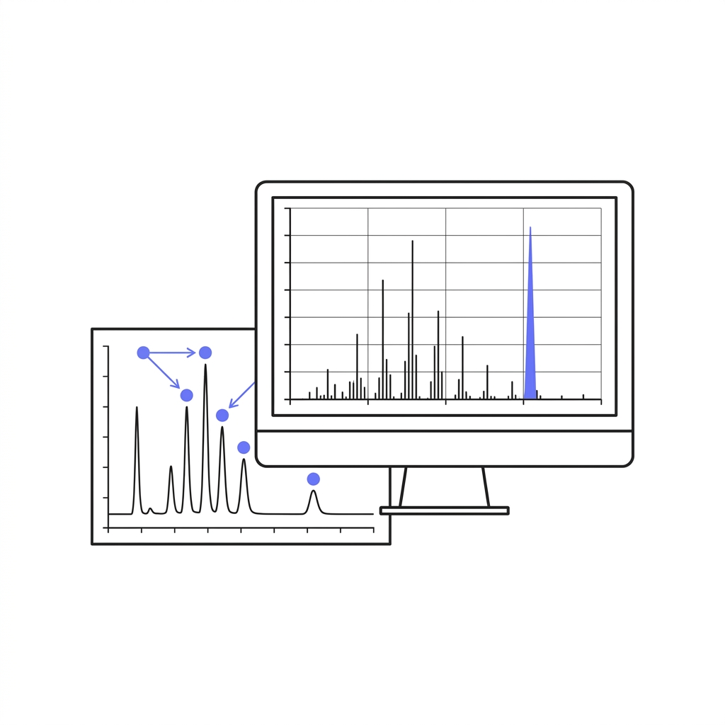 Minimalist 2D vector of a computer monitor showing a mass spectrum and a printed HPLC chromatogram with highlighted peaks and markers in Peptide World colors 6gil