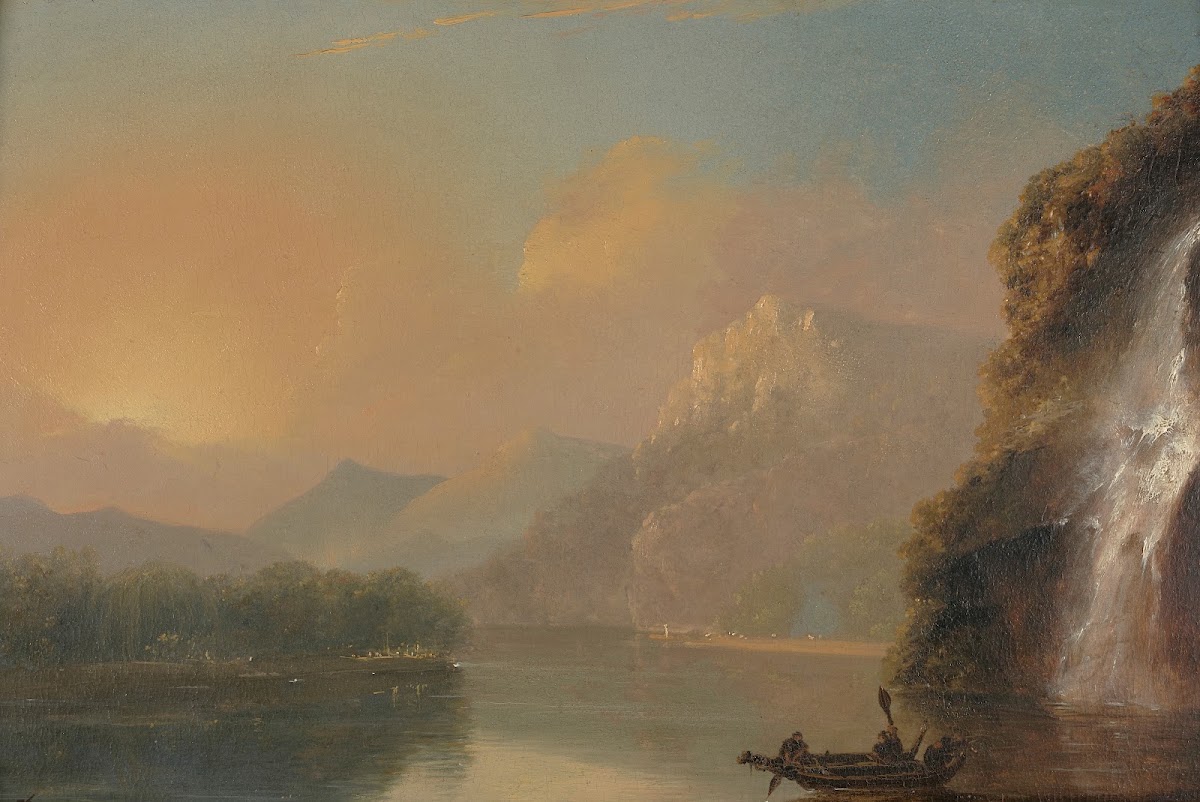 Waterfall in Dusky Bay with Maori canoe 1776