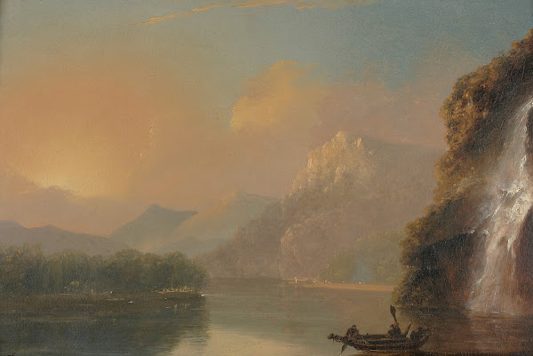 Waterfall in Dusky Bay with Maori canoe 1776