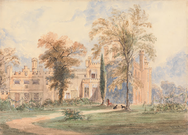 An unidentified Gothic Mansion Side View of the House with Garden