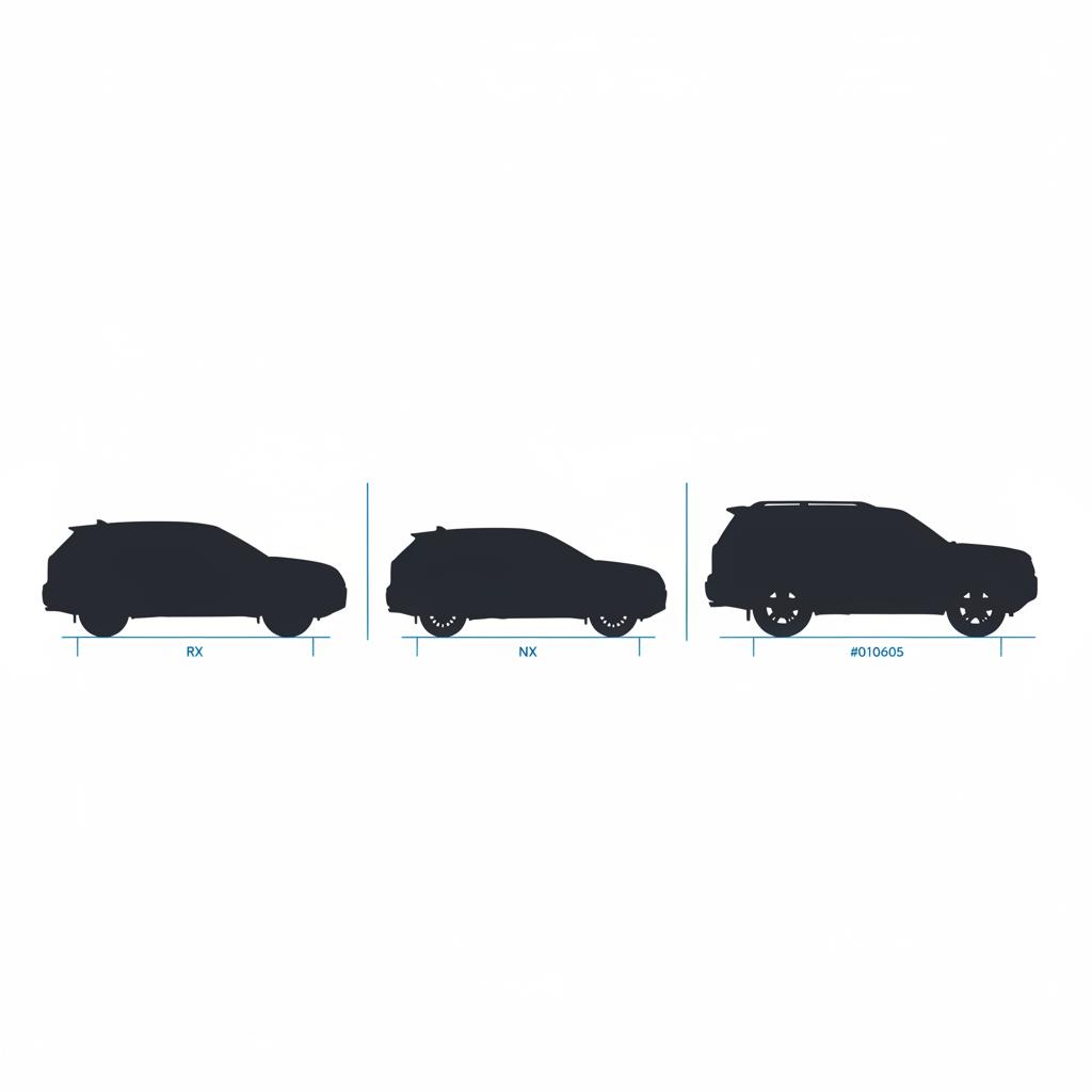 Minimal 2D vector side by side silhouettes comparing Lexus RX NX and LX to show relative size differences for lexus rx 350 price