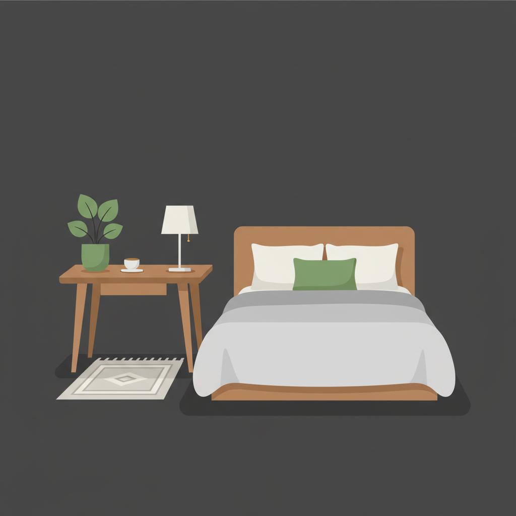 Minimalist 2D vector short term rental bedroom with small desk neutral bedding and green accent pillow how to make $500 a month passive income