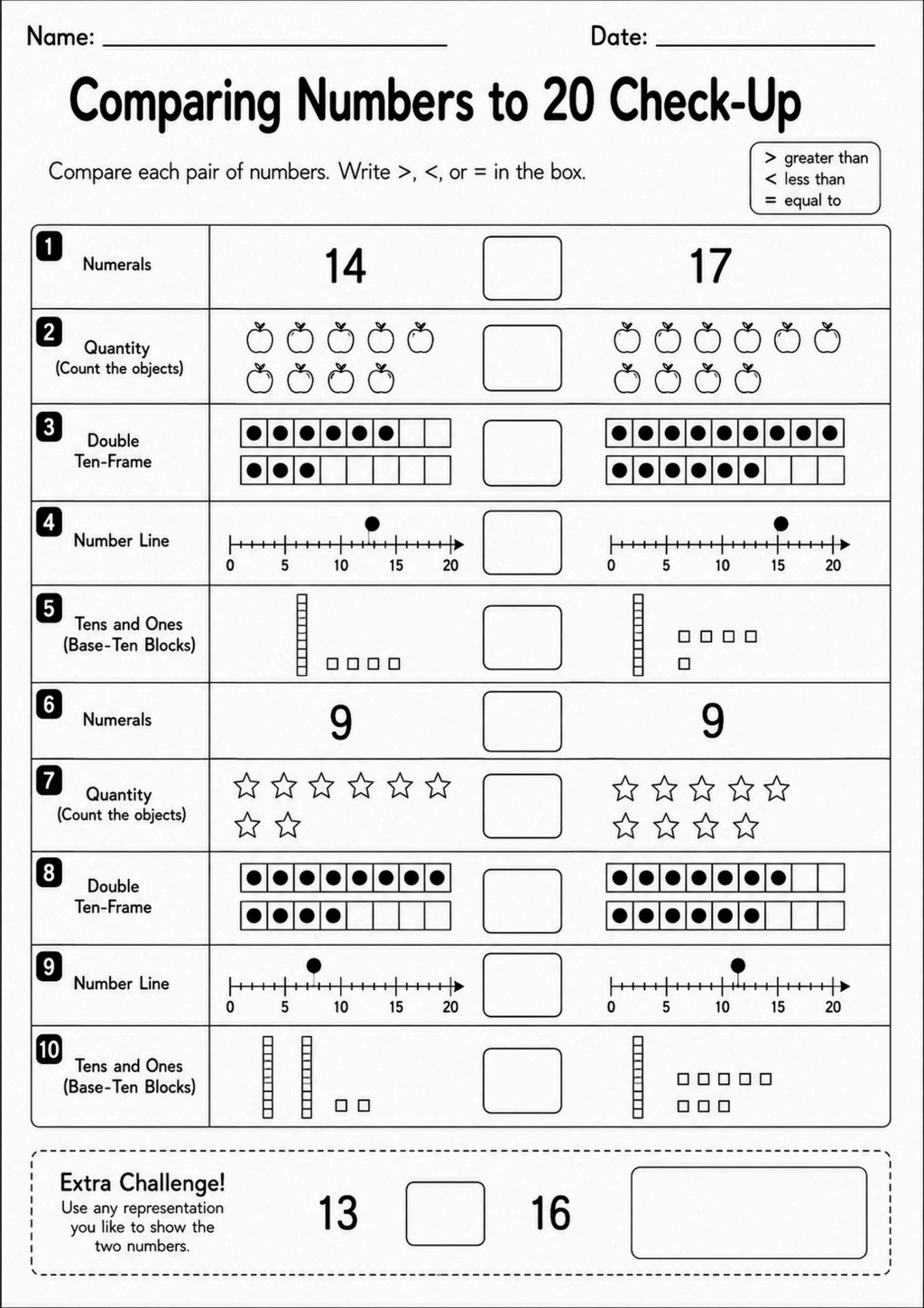 Comparing Numbers to 20 Check-Up Worksheet