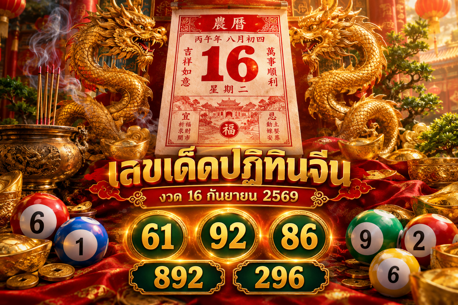 เลขเด็ดปฏิทินจีน งวด 16 กันยายน 2569 ส่องเลขดังโค้งสุดท้าย 2 ตัว 3 ตัวตรง