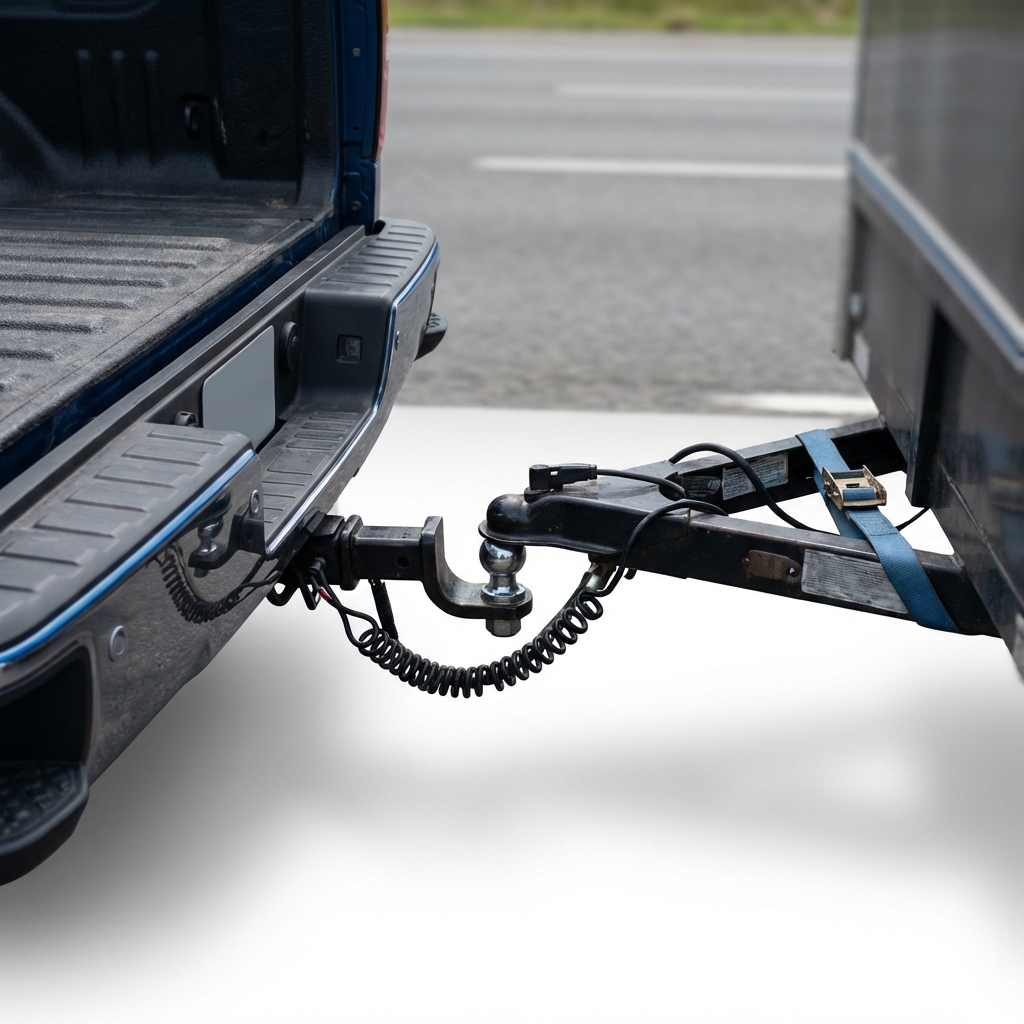 Close view of a GMC Sierra towing a trailer on a highway showing hitch and bed details for gmc car dealership near me