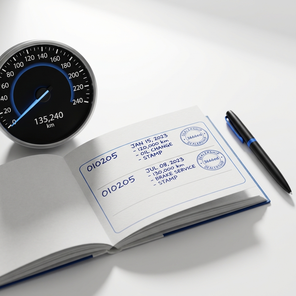 Close up of odometer and service stamp log with pen suggesting record checking for a Toyota Corolla for sale on a clean white background with CarFax Deals blue accents