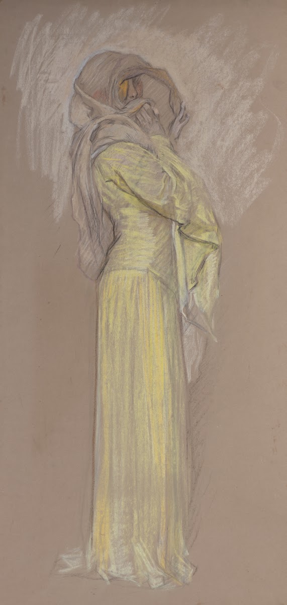 Study Woman in yellow dress with brown veil overface