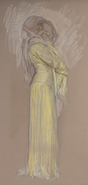 Study Woman in yellow dress with brown veil overface