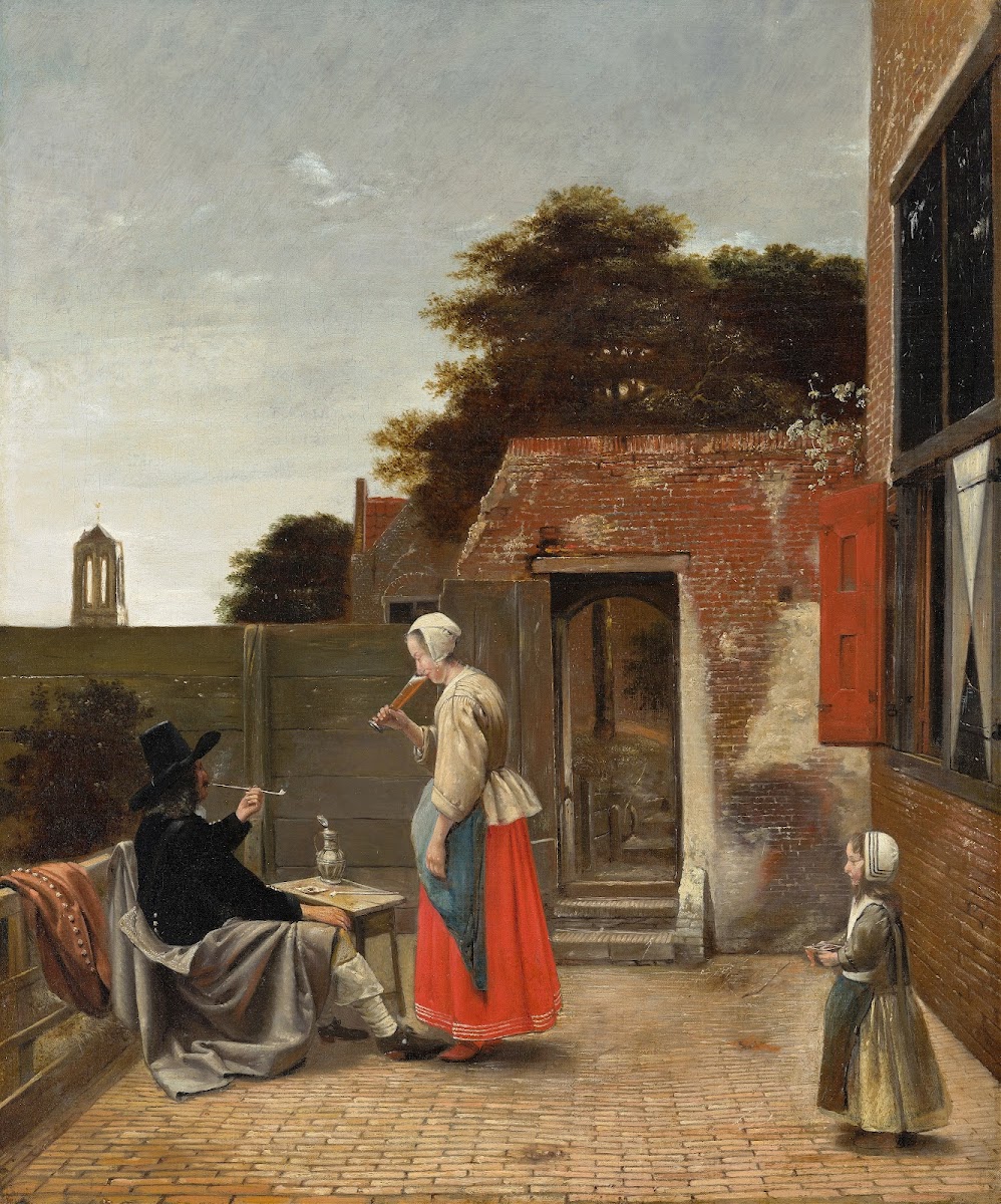 A Man Smoking and a Woman Drinking in a Courtyard c 1658   1660