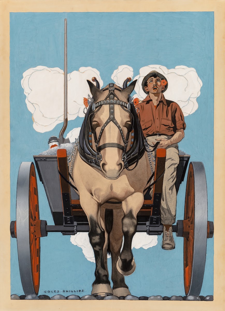 Man riding a horse drawn cart 1921