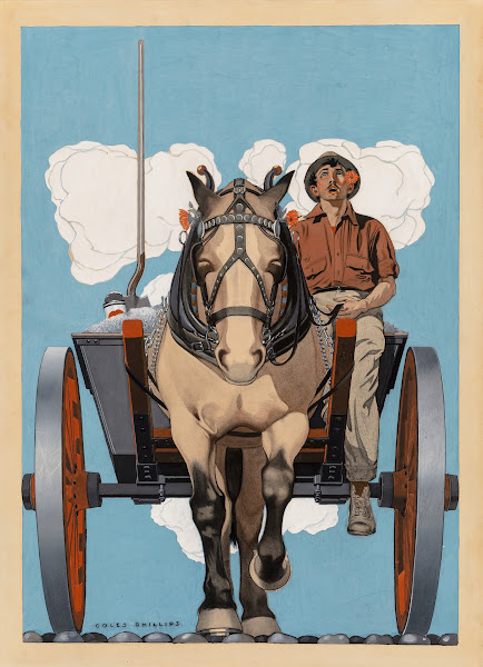 Man riding a horse drawn cart 1921