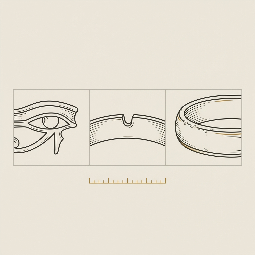Minimalist 2D vector close up of an eye of horus ring showing eye profile hook mark and edge wear with a small ruler for scale on a pale beige background