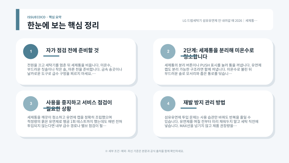 LG 드럼세탁기 섬유유연제 미투입 원인을 세제통 청소, 유연제 캡 조립, 농축도와 MAX선 순서로 확인하는 점검 흐름