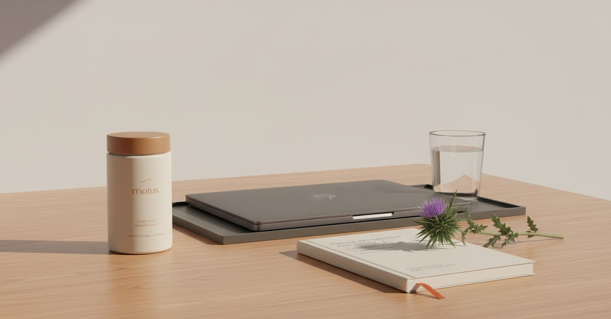 Minimalist bright photo of Tonum Nouro supplement on a wooden desk beside a closed laptop, glass of water and milk thistle sprig in natural light — focus supplements
