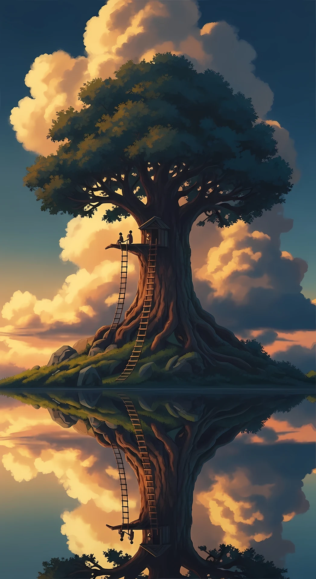 Giant Treehouse Reflected in Water at Golden Sunset - Free 4K mobile Wallpaper