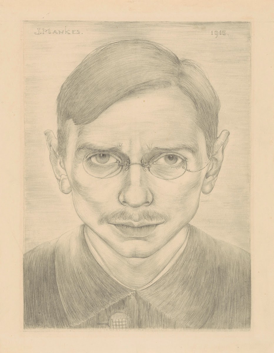 Zelfportret met snor en bril van voren gezien 1915