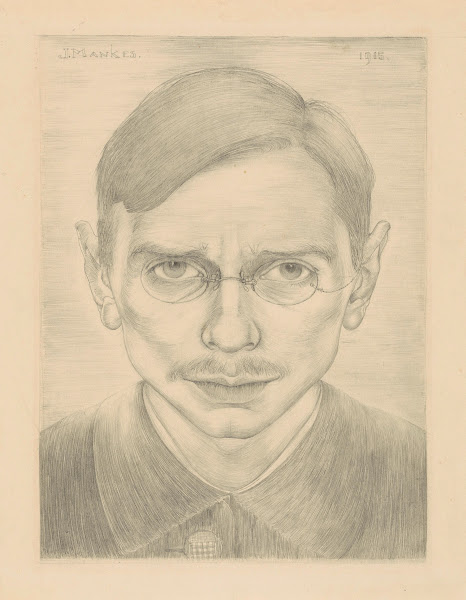 Zelfportret met snor en bril van voren gezien 1915