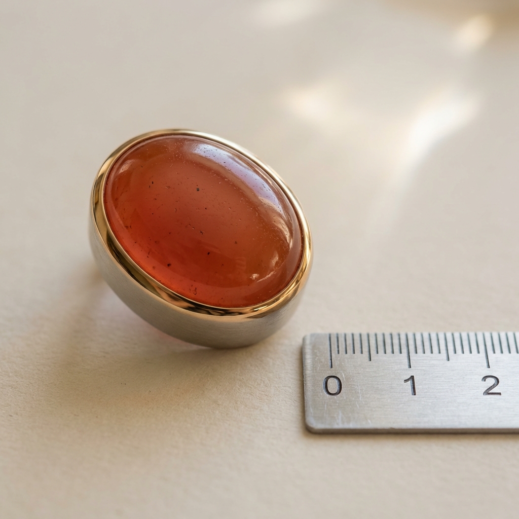 Macro photograph of a polished carnelian cabochon ring showing surface texture bezel edge and a small ruler for scale on warm beige background