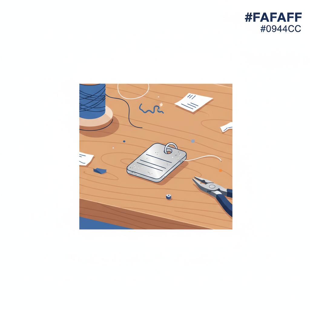 Minimalistische 2D-Vektorgrafik: graviertes Metallplättchen auf Holztisch mit Bastelresten, fokus auf Details – osterideen für kinder