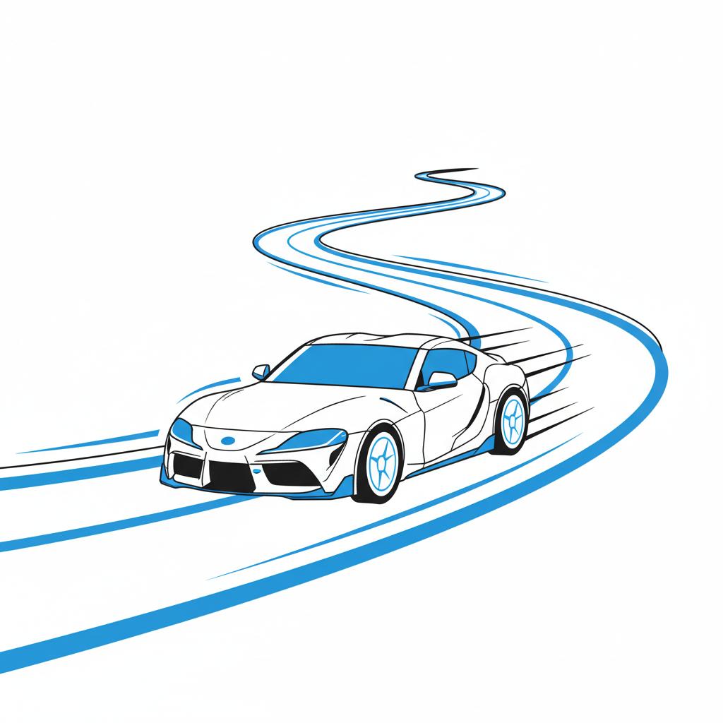 Minimalist 2D vector three quarter front view of a Toyota Supra on a twisty mountain road with dynamic driving stance and blue CarFax Deals accents toyota supra for sale