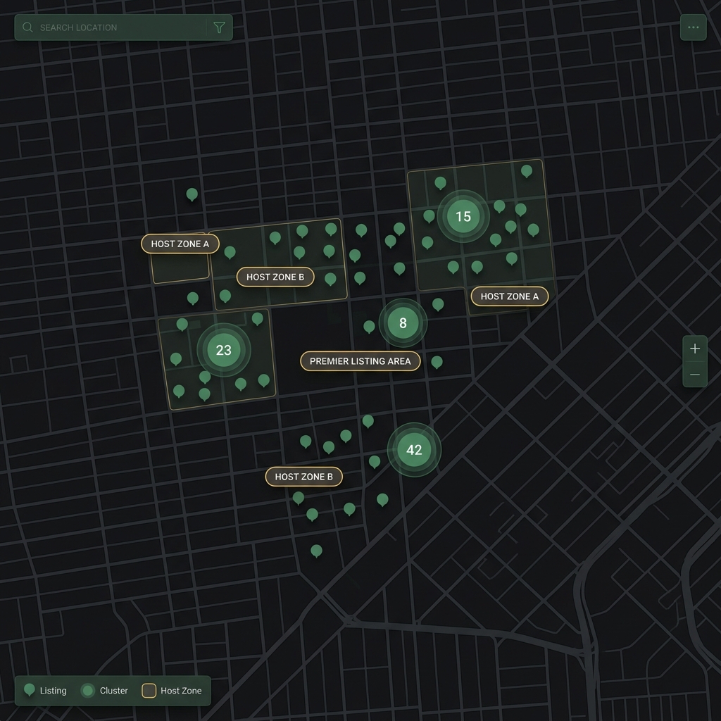 Close-up stadscentrumkaart met geclusterde Airbnb-vermeldingen en gelabelde zones van verhuurders met meerdere vermeldingen die illustreren hoe airbnb-onroerend goed te kopen zonder geld