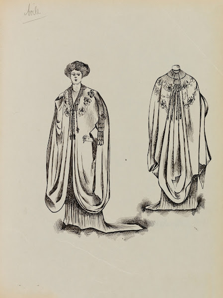 Figure de femme de trois quart portant une cape brodée sur robe longue 1909 1911