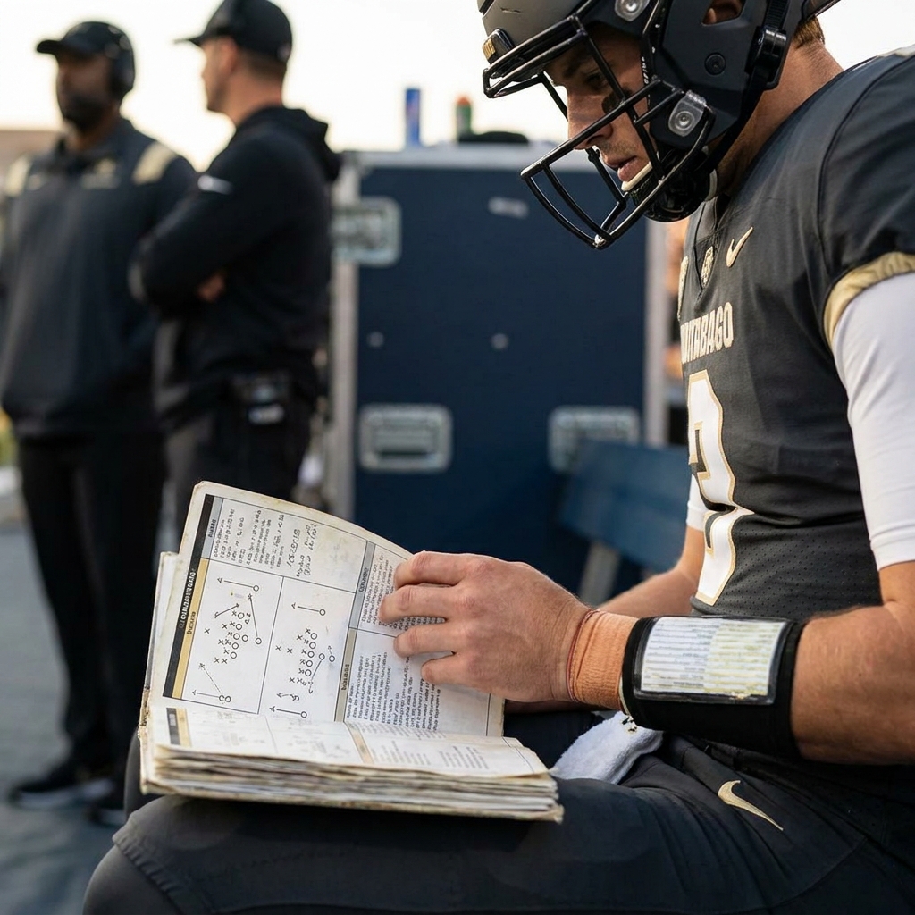 Close up of a quarterback studying a playbook on the sideline with coaches blurred in the background illustrating How Quarterback Experience Affects Team Ratings in a minimalist documentary style