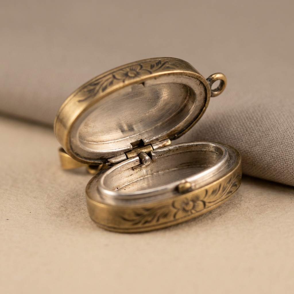 Close up interior view of a small medieval locket reliquary pendant showing cavity and hinge details on a minimalist beige background