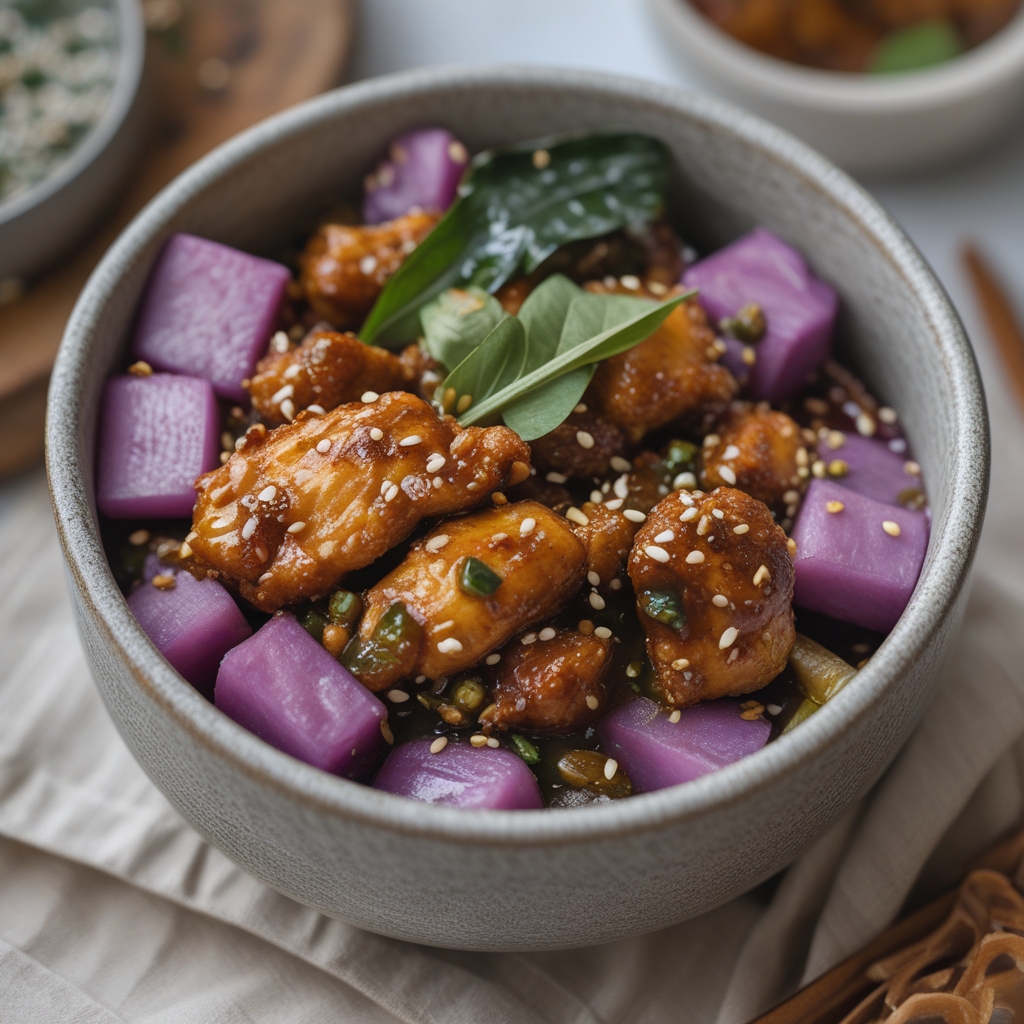 Crispy Adobo Chicken & Purple Yam Protein Bowl with Tangy Calamansi Glaze