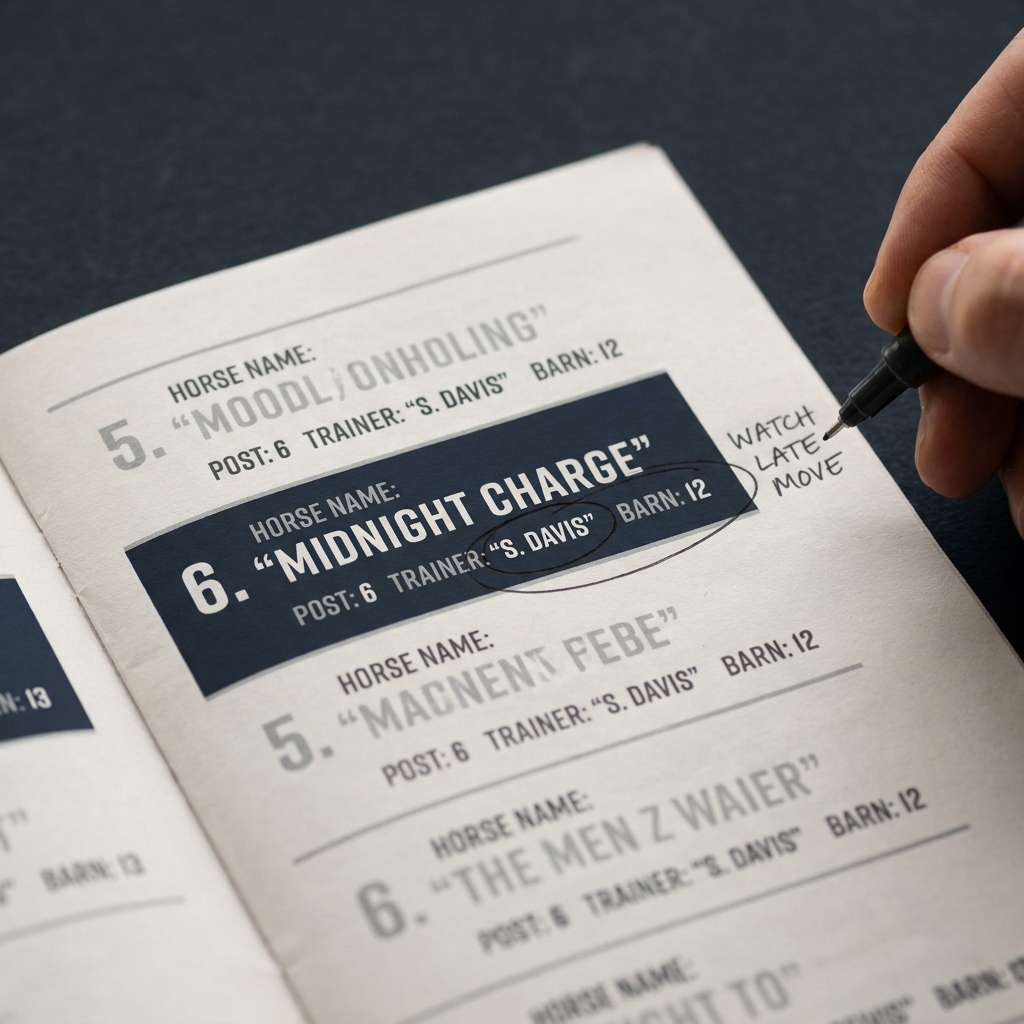 Close up of a printed race program entry showing trainer and barn assignment with handicapper pen marks and margin notes for aqueduct picks cox