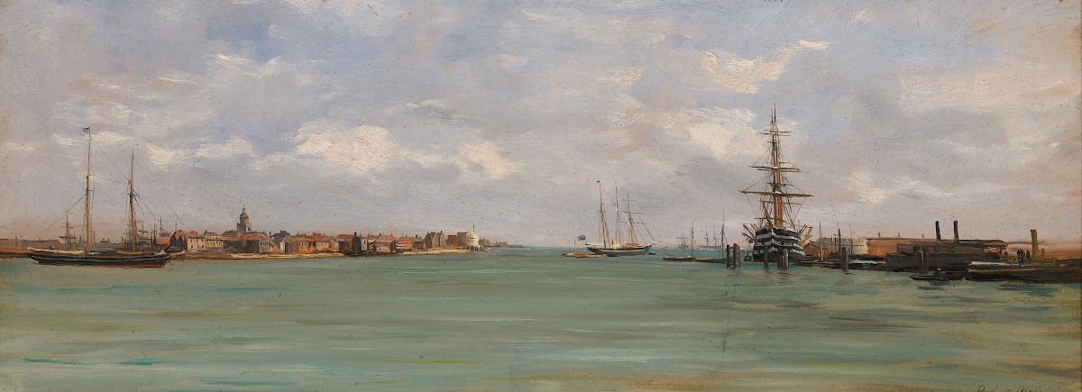 Gezicht op de haven van Portsmouth 1850