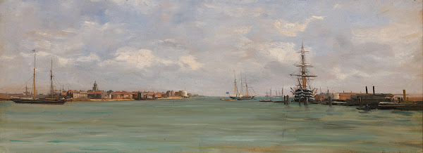 Gezicht op de haven van Portsmouth 1850