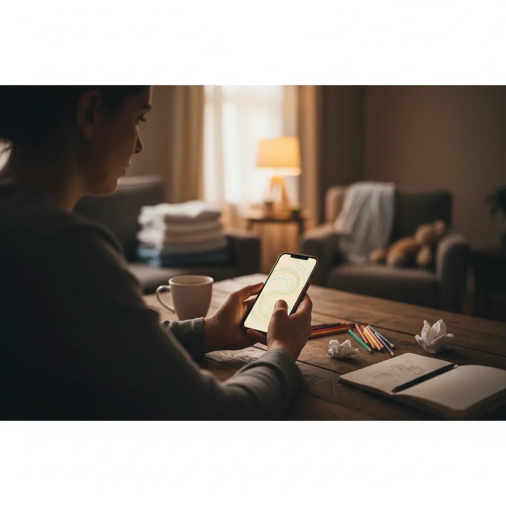 Stress levels in Singapore support idea with a caregiver using a calming art therapy app at home