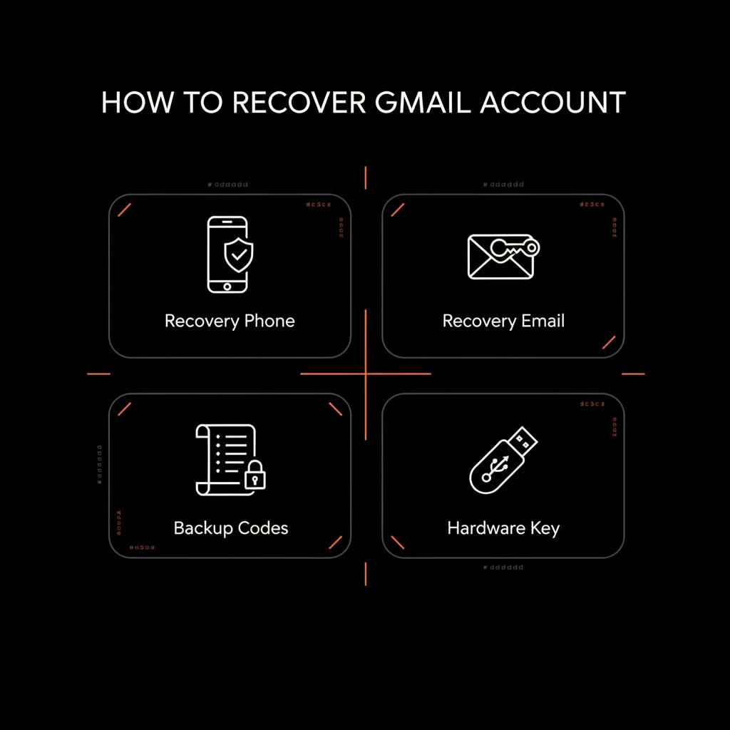 Minimal full-frame infographic showing four recovery options—phone, email, backup codes, hardware security key—to help recover Gmail account with clear vector icons.