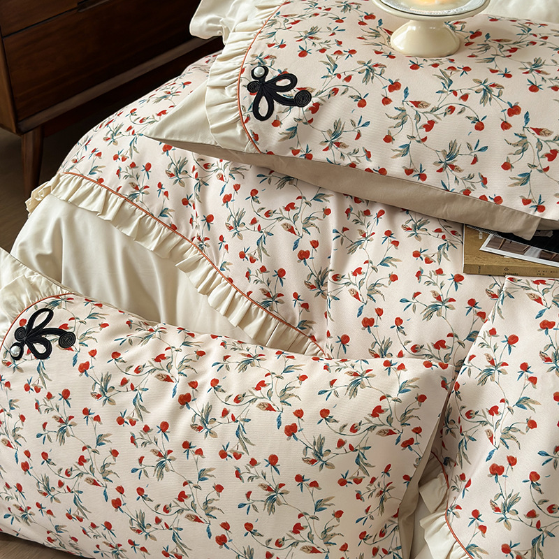 French cotton bedding set, brushed, with floral pattern