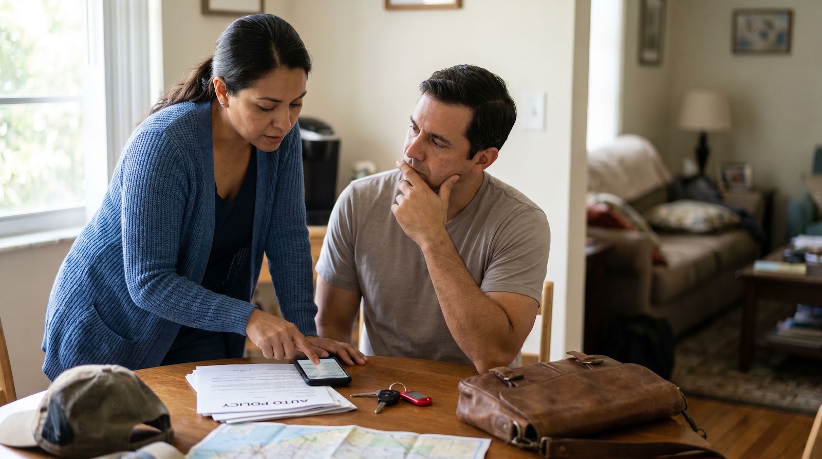 Texas falling asleep driving accident insurance review after a summer road trip by a Hispanic couple at home