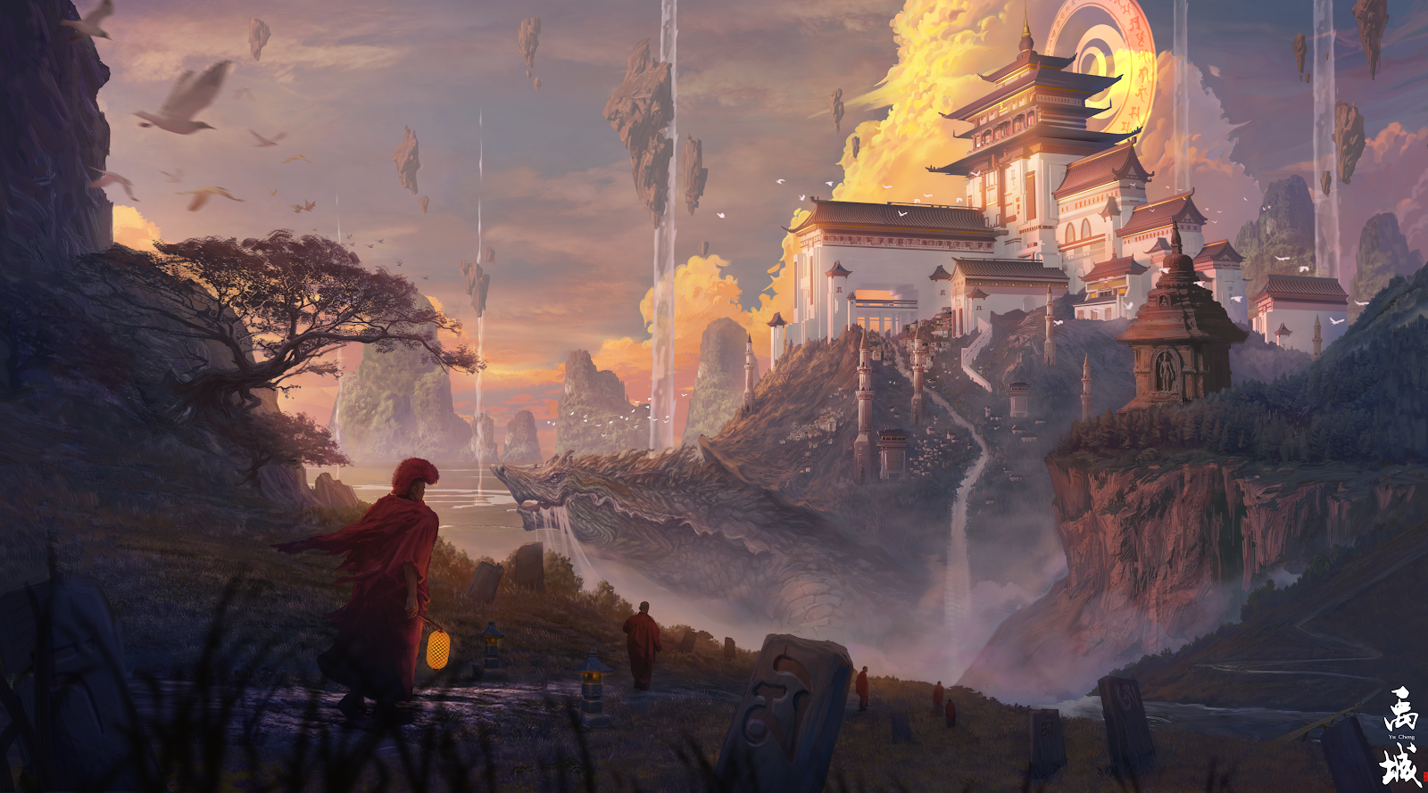 Monks Journey To Sacred Temple - Fantasy Digital Art 4K Wallpaper (4500x2500)